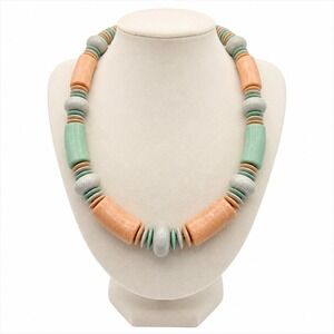 Vintage Artisan Polymer Clay Necklace Peach Green Gray Chunky Beads 18" 72 g